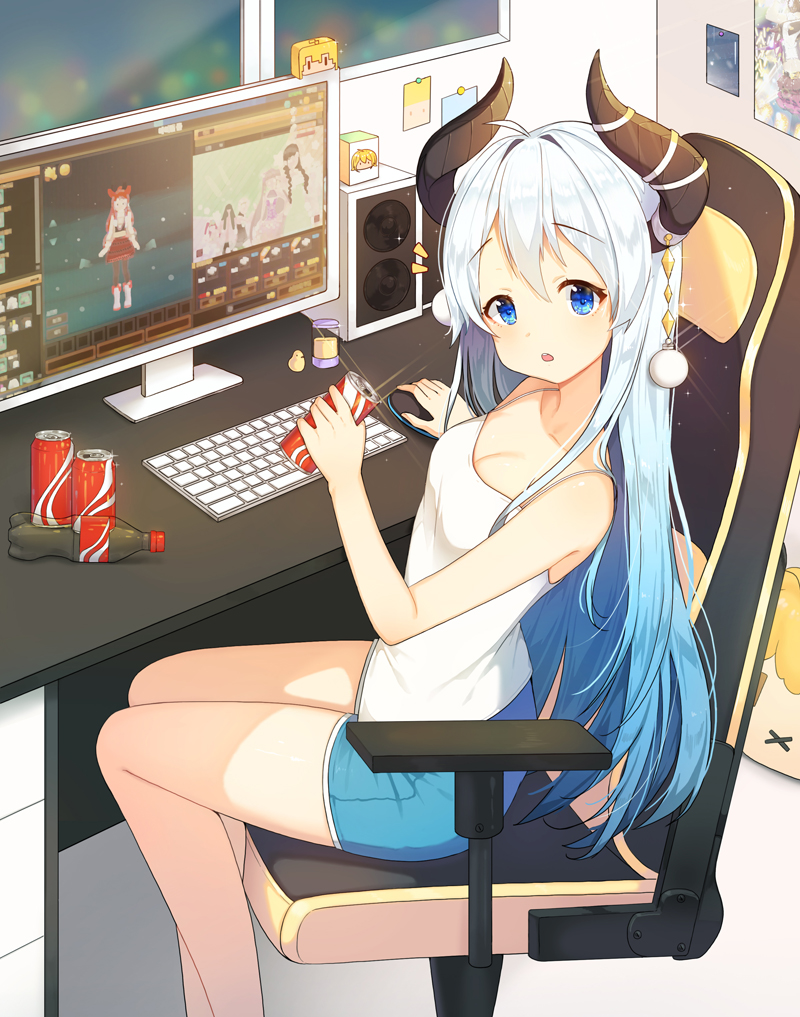 1girl, :o, bangs, bare_arms, bare_legs, bare_shoulders, blue_eyes, blue_hair