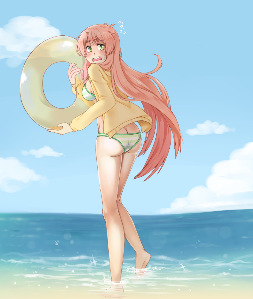 1girl, ass, bikini, flustered, full_body, green_eyes, highres, innertube