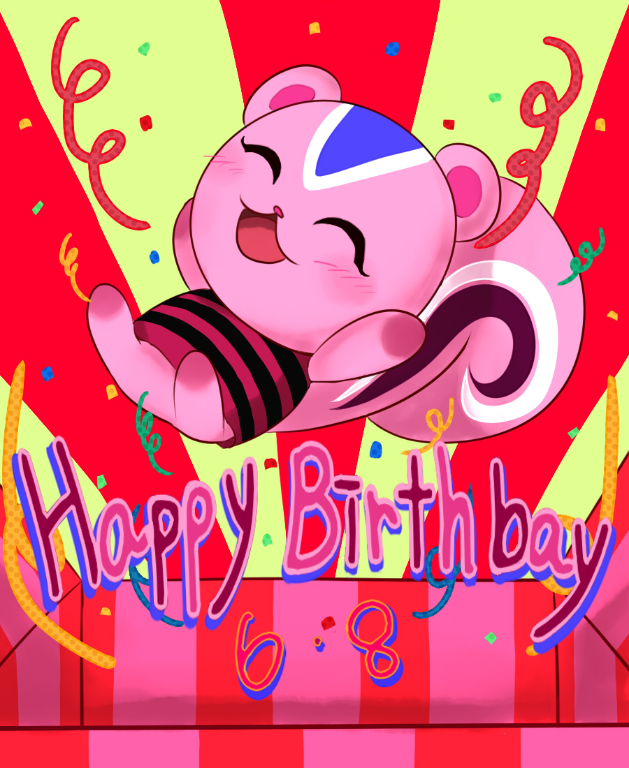 1girl, animal_ears, blush, closed_eyes, dated, doubutsu_no_mori, happy_birthday, hi18kage, momoko_(doubutsu_no_mori), open_mouth, solo, squirrel_ears, squirrel_tail, tail