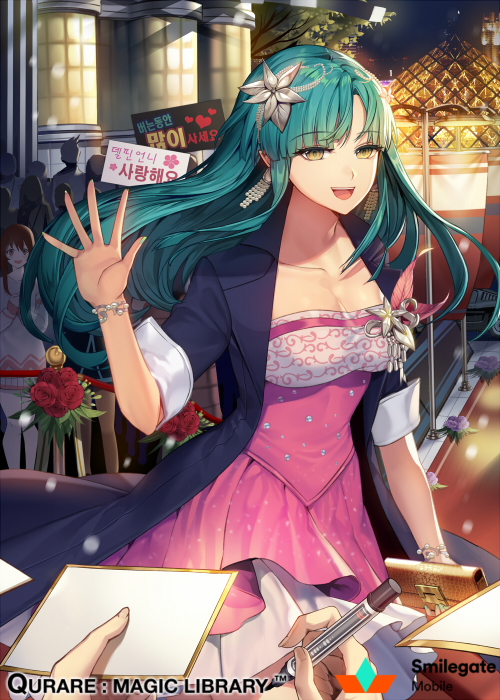 2girls, :d, bag, bangs, banner, blunt_bangs, bracelet, breasts
