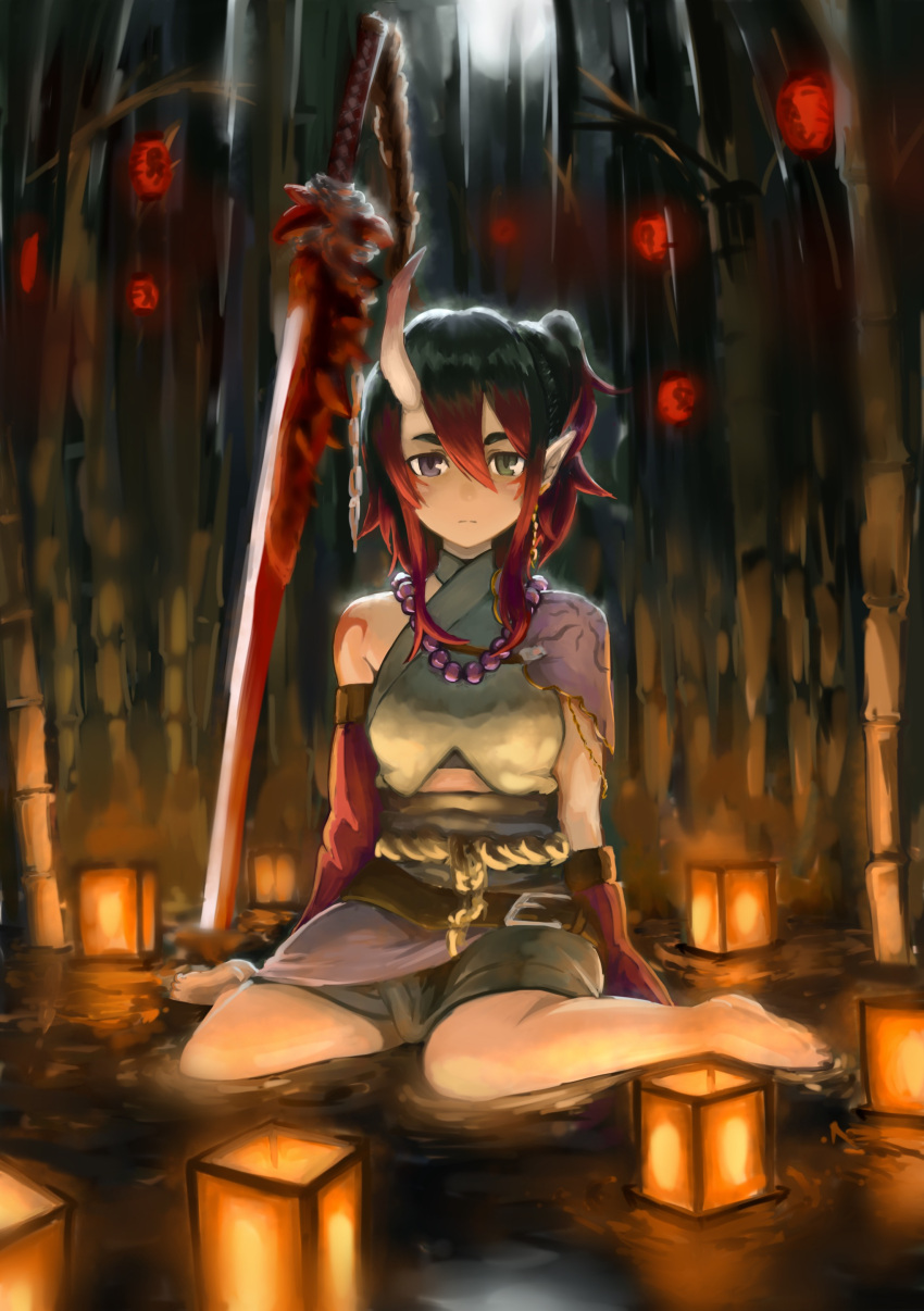 1girl, :|, absurdres, arms_at_sides, asymmetrical_sleeves, bamboo, bamboo_forest, barefoot