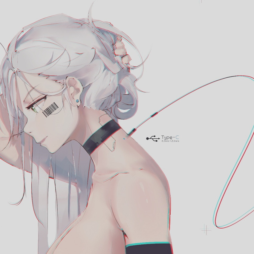 1girl, android, bangs, barcode, black_choker, cable, choker, chromatic_aberration, closed_mouth, earrings, elbow_gloves, from_side, gloves, grey_background, hair_lift, jewelry, long_hair, looking_down, nude, openvl, original, plug, profile, silver_hair, simple_background, solo