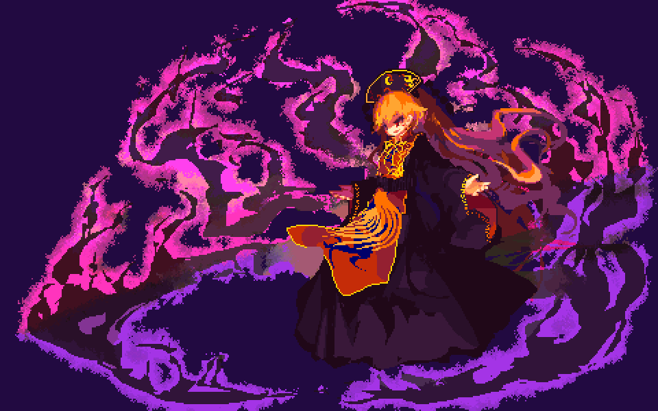 1girl, black_dress, black_hat, blonde_hair, blue_background, chinese_clothes, dress, energy