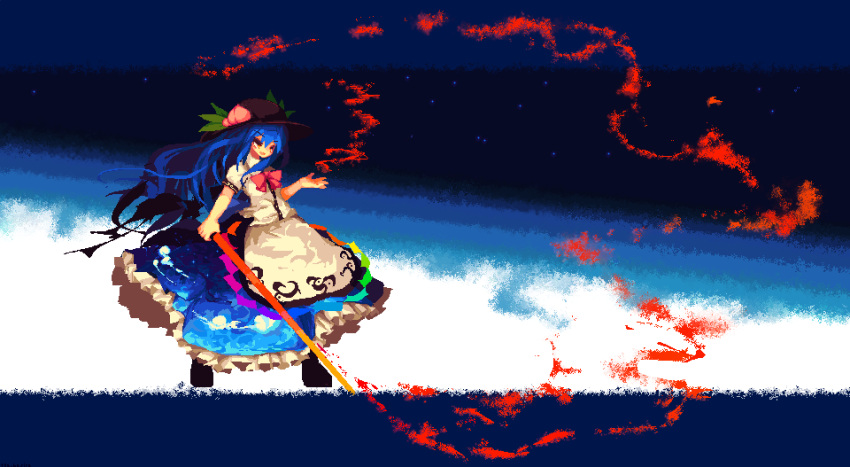1girl, black_hat, blue_hair, blue_skirt, bow, bowtie, fire, food, fruit, full_body, hand_up, hat, highres, hinanawi_tenshi, holding, holding_sword, holding_weapon, long_hair, long_skirt, peach, red_eyes, red_neckwear, short_sleeves, skirt, solo, standing, sword, sword_of_hisou, tea_basira, touhou, weapon, wind