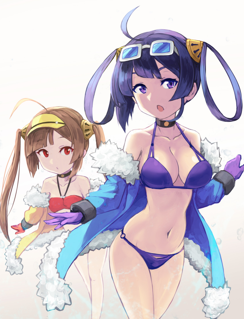 2girls, ahoge, azur_lane, bandeau, bangs, bare_shoulders, bikini, black_choker
