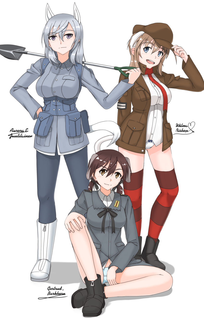 3girls, animal_ears, ankle_boots, aurora_e_juutilainen, black_footwear, black_legwear, blue_eyes, boots