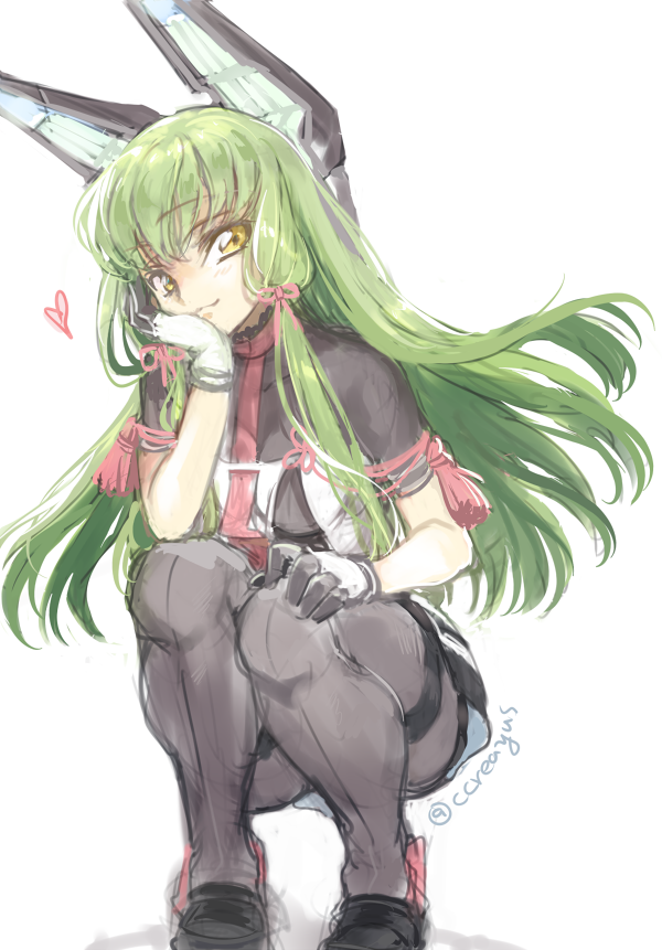 1girl, black_legwear, c.c., code_geass, cosplay, creayus, gloves, green_hair, hair_ribbon, headgear, heart, kantai_collection, long_hair, looking_at_viewer, murakumo_(kantai_collection), murakumo_(kantai_collection)_(cosplay), necktie, pantyhose, pink_ribbon, remodel_(kantai_collection), ribbon, simple_background, solo, squatting, twitter_username, white_background, white_gloves, yellow_eyes