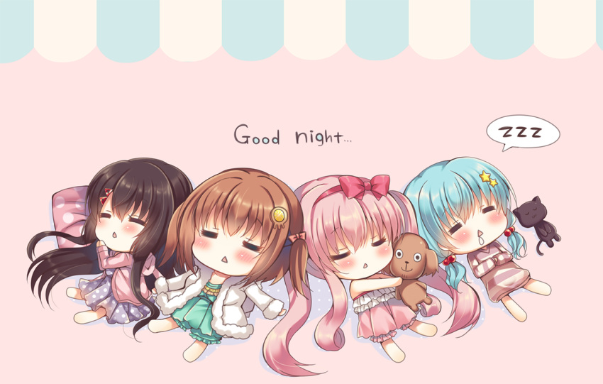 4girls, :<, :3, =_=, animal, aoki_kaede, bangs, black_hair