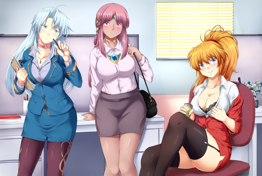 3girls, ahoge, ariel_org, bag, black_legwear, blonde_hair, blue_eyes, blue_hair