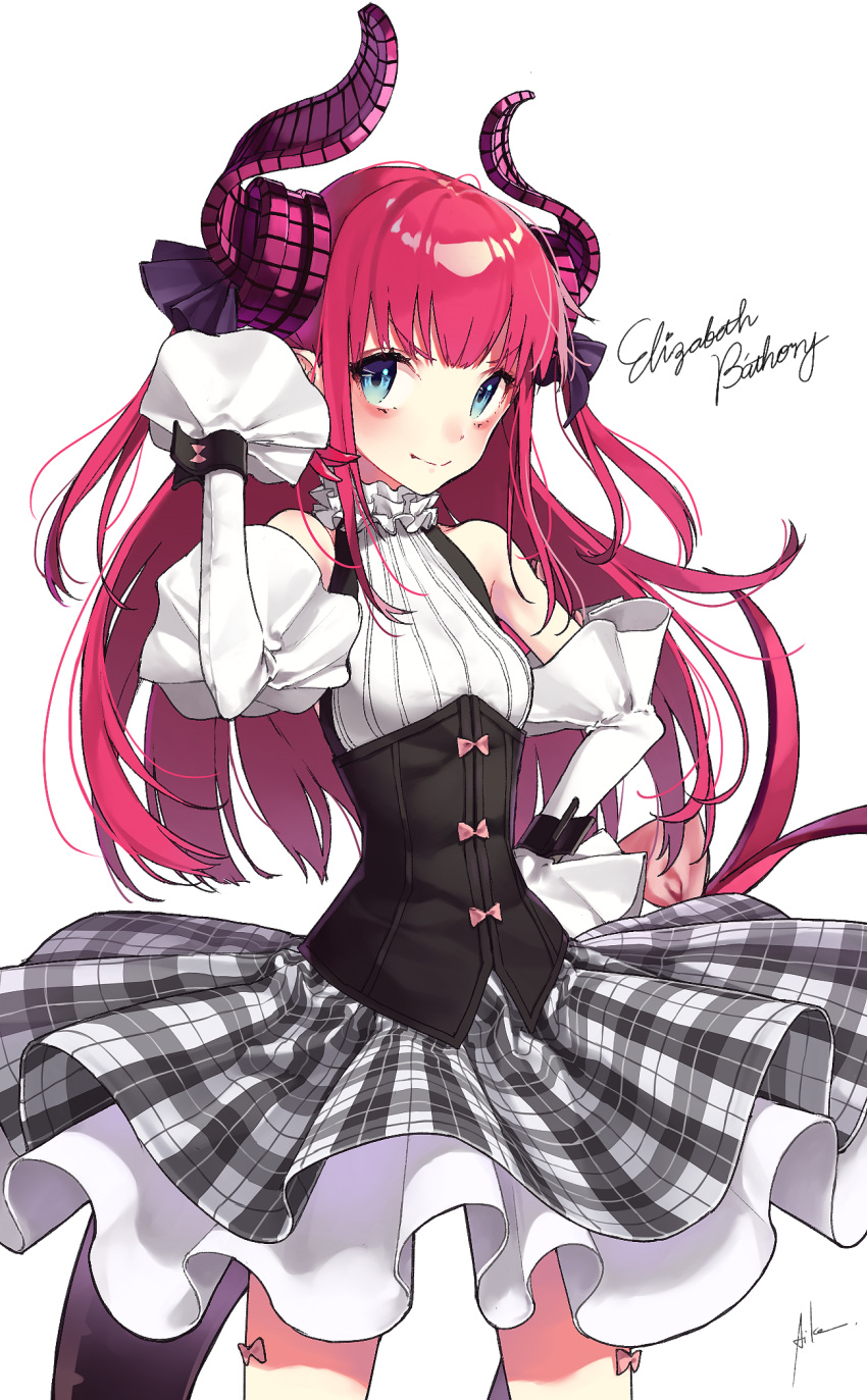 1girl, aiko_(aiko_54), arm_up, asymmetrical_horns, bangs, blue_eyes, blush, character_name
