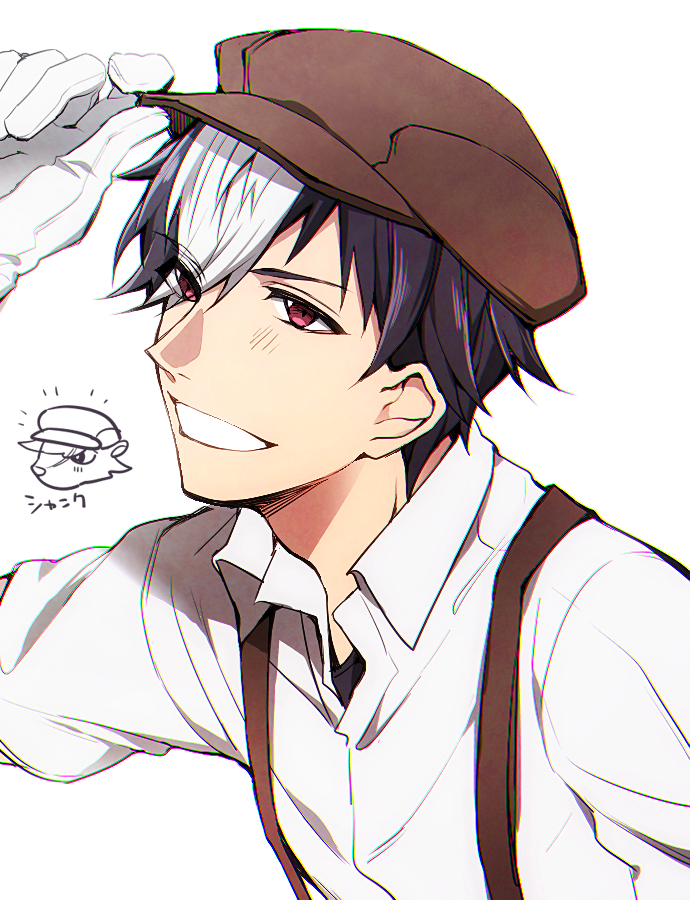 1boy, black_hair, doubutsu_no_mori, gloves, hat, male_focus, multicolored_hair, orxsz, personification, pink_eyes, portrait, shank_(doubutsu_no_mori), simple_background, solo, teeth, two-tone_hair, white_background, white_hair