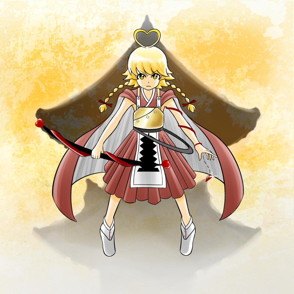 1girl, ahoge, blonde_hair, braid, breastplate, cape, full_body, gradient_ray