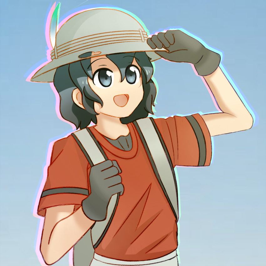 :d, backpack, bag, black_gloves, blue_eyes, blue_hair, bucket_hat, eyebrows_visible_through_hair