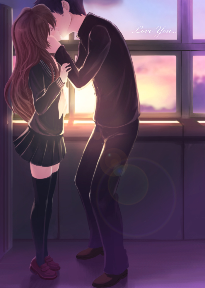 1girl, aisaka_taiga, cloverpeia, couple, kiss, lens_flare, long_hair, school_uniform