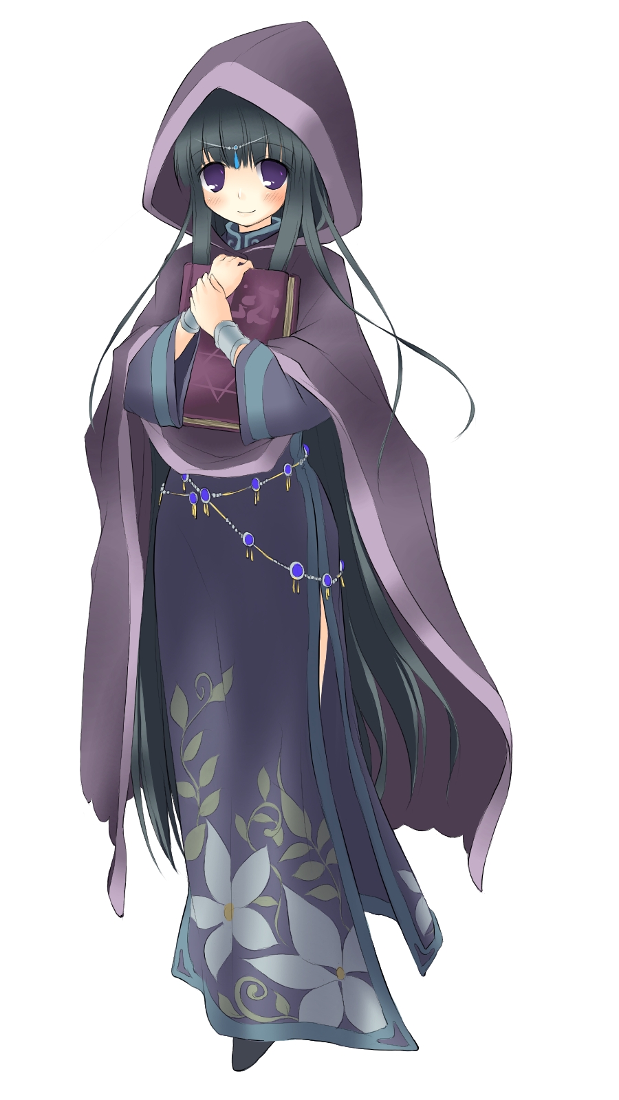 black_hair, book, golden_lore, hexagram, highres, hood, long_hair, purple_hair, robe, sakura_ebi, sakurano_miya