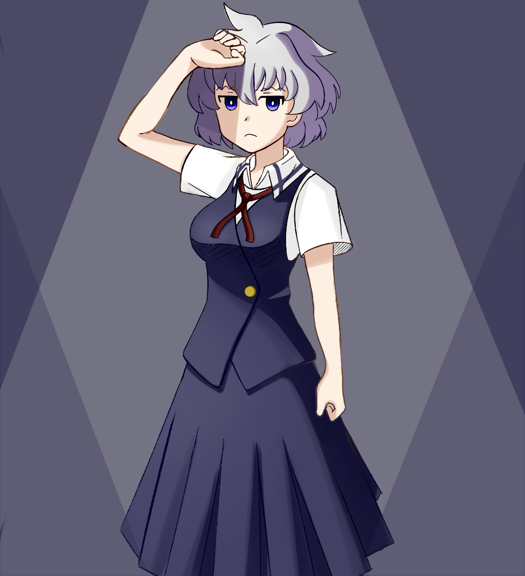 1girl, blue_eyes, collared_shirt, cowboy_shot, eyebrows_visible_through_hair, gradient_ray, grey_hair, hand_up