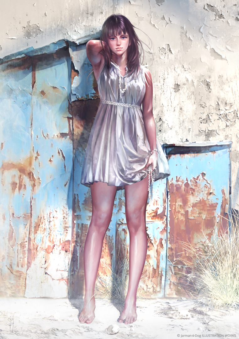 1girl, aalge, arm_at_side, arm_behind_head, arm_up, armpits, bangs, bare_legs, bare_shoulders, barefoot, blue_eyes, blunt_bangs, brown_hair, day, dress, full_body, lips, long_hair, looking_at_viewer, original, outdoors, see-through, see-through_silhouette, short_dress, sleeveless, sleeveless_dress, smile, solo, standing, summer, sundress, toes, wall, white_dress