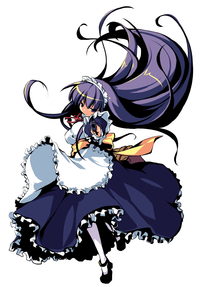 blue_hair, gun, long_hair, maid, original, ribbon, sakura_ebi, sakurano_miya