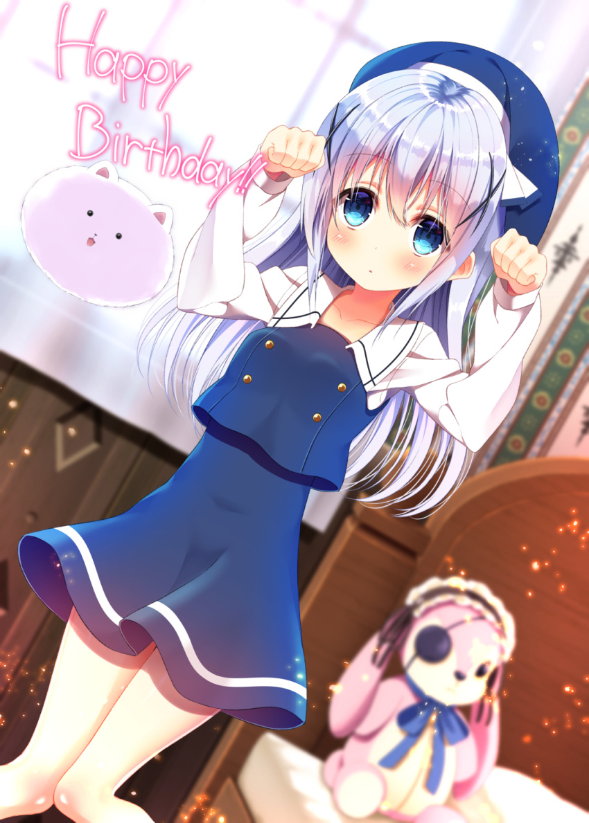 1girl, :o, arms_up, bangs, blue_eyes, blue_hair, blue_hat, blue_ribbon