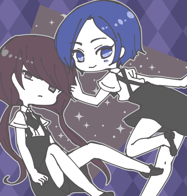 androgynous, benitoite_(houseki_no_kuni), black_neckwear, black_shorts, blue_eyes, blue_hair, blush_stickers, chibi