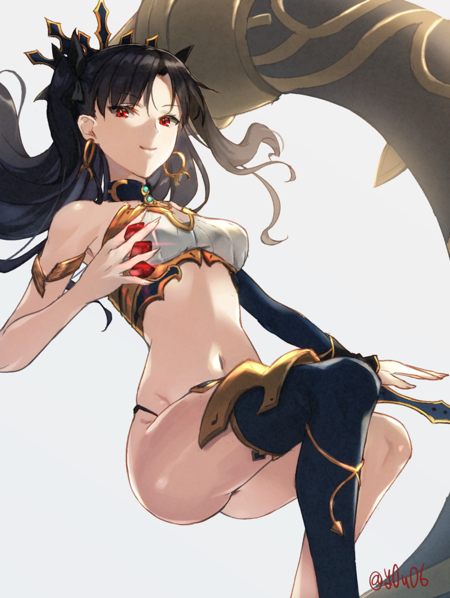 1girl, arm_garter, black_hair, black_legwear, black_ribbon, closed_mouth, commentary_request, earrings, fate/grand_order, fate_(series), hair_ribbon, highres, hoop_earrings, ishtar_(fate/grand_order), jewelry, long_hair, midriff, navel, red_eyes, ribbon, smile, solo, thigh-highs, tohsaka_rin, twitter_username, two_side_up, you06