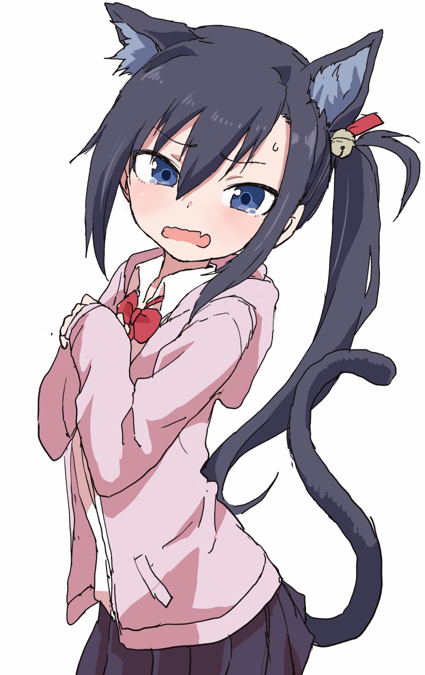1girl, absurdres, animal_ears, bell, blue_eyes, blue_skirt, cardigan, cat_ears, cat_tail, collared_shirt, copyright_request, cowboy_shot, d:, embarrassed, eyebrows_visible_through_hair, fang, hair_bell, hair_between_eyes, hair_ornament, highres, jingle_bell, long_hair, long_sleeves, nekogasaki_natsuho, open_mouth, pink_cardigan, pleated_skirt, shirt, side_ponytail, simple_background, skirt, solo, standing, sweatdrop, tail, tears, wavy_mouth, white_background, white_shirt, wing_collar, yamamoto_souichirou