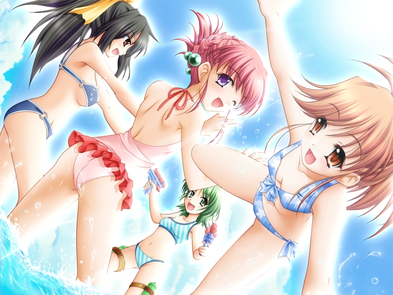 ass, bikini, black_hair, braid, brown_eyes, brown_hair, colorfull!!, dutch_angle, game_cg, green_eyes, green_hair, hoshitani_marine, kamisaka_kasumi, kounose_akara, long_hair, multiple_girls, one-piece, one-piece_swimsuit, outstretched_arms, ponytail, purple_eyes, red_hair, redhead, short_hair, spread_arms, swimsuit, takahashi_rina, tsukihara_nonoka, violet_eyes, wading, water, water_gun