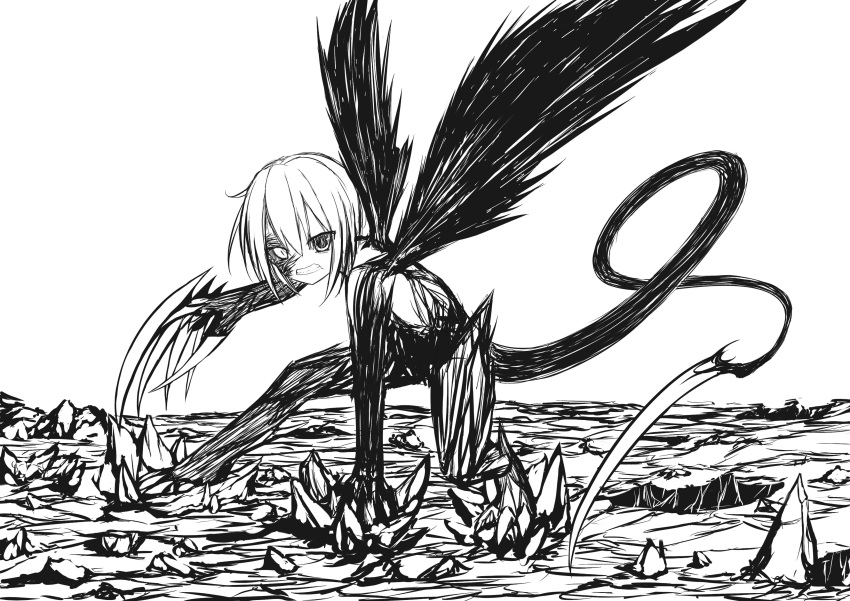 1girl, absurdres, claws, clenched_teeth, heterochromia, highres, monochrome, original, scar, shidou_shiki, short_hair, slit_pupils, tail, teeth, wings