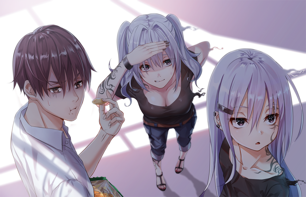 1boy, 2girls, :o, :t, arm_tattoo, bangs, black_nails, black_shirt