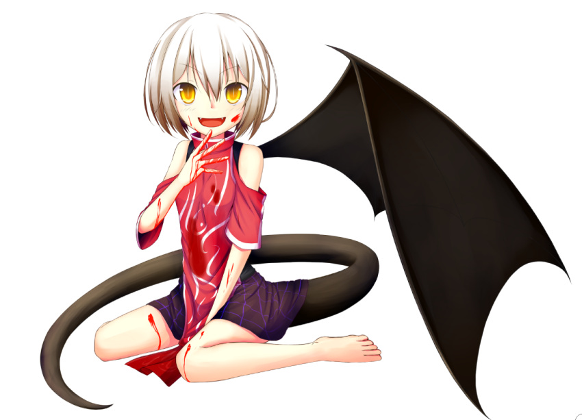 :d, bare_shoulders, blood, blood_on_face, bloody_hands, commentary_request, cthulhu_mythos, eyebrows_visible_through_hair, open_mouth, original, personification, shidou_shiki, single_wing, sitting, smile, tail, white_hair, wings, yellow_eyes