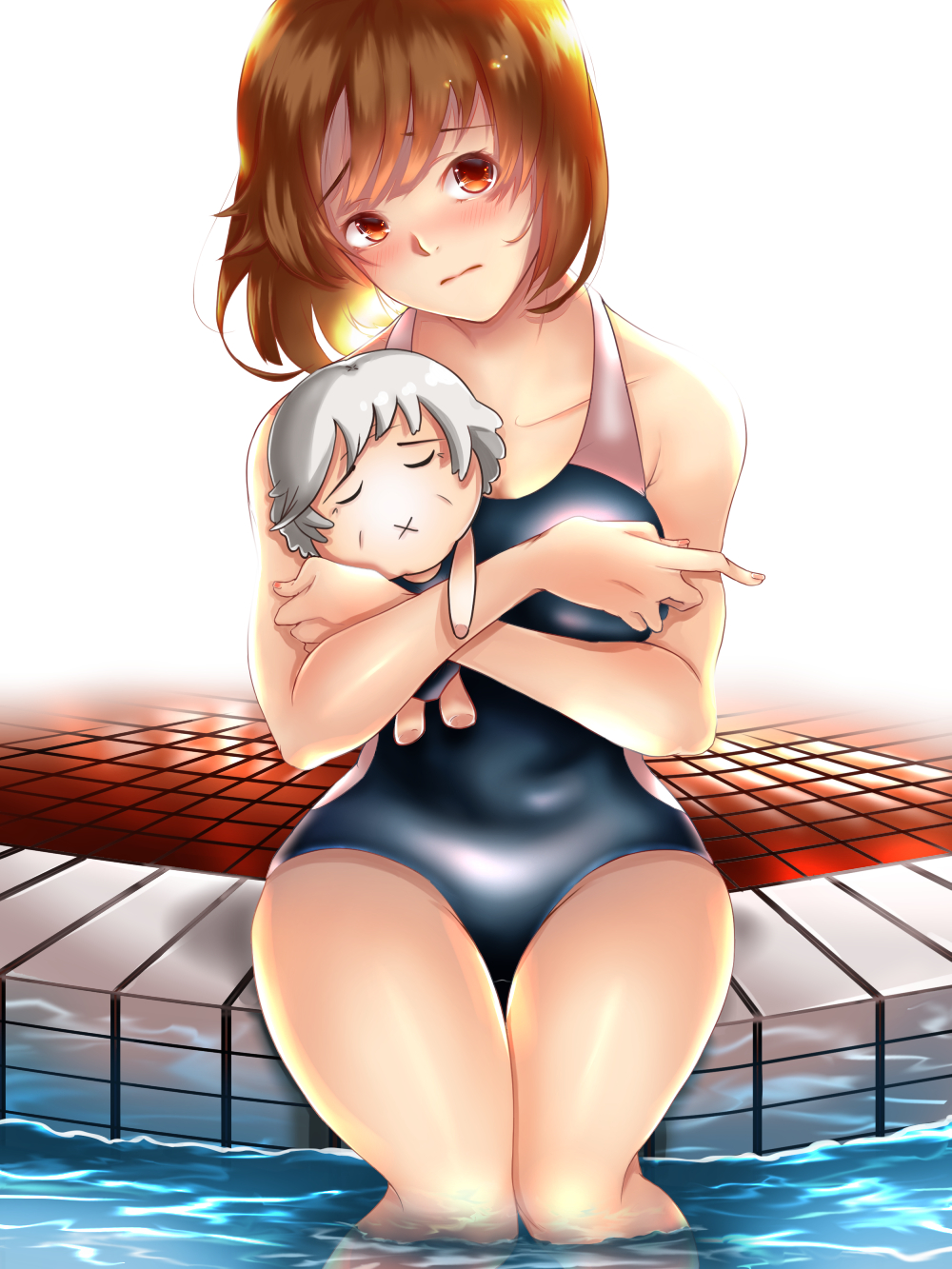 1girl, ame_(memory_a), bare_arms, bare_shoulders, blush, breasts, brown_eyes, brown_hair, collarbone, commentary_request, competition_swimsuit, eyebrows_visible_through_hair, head_tilt, highres, hug, looking_at_viewer, medium_breasts, one-piece_swimsuit, original, pool, poolside, school_swimsuit, short_hair, sitting, soaking_feet, stuffed_toy, swimsuit, water, wet