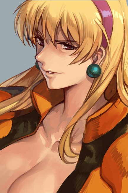 1girl, bangs, blonde_hair, breasts, brown_eyes, cleavage, earrings, grey_background, gundam, hair_between_eyes, hairband, hankuri, jacket, jewelry, katejina_loos, large_breasts, long_hair, looking_at_viewer, open_clothes, open_jacket, parted_lips, pearl_earrings, simple_background, smirk, solo, upper_body, victory_gundam