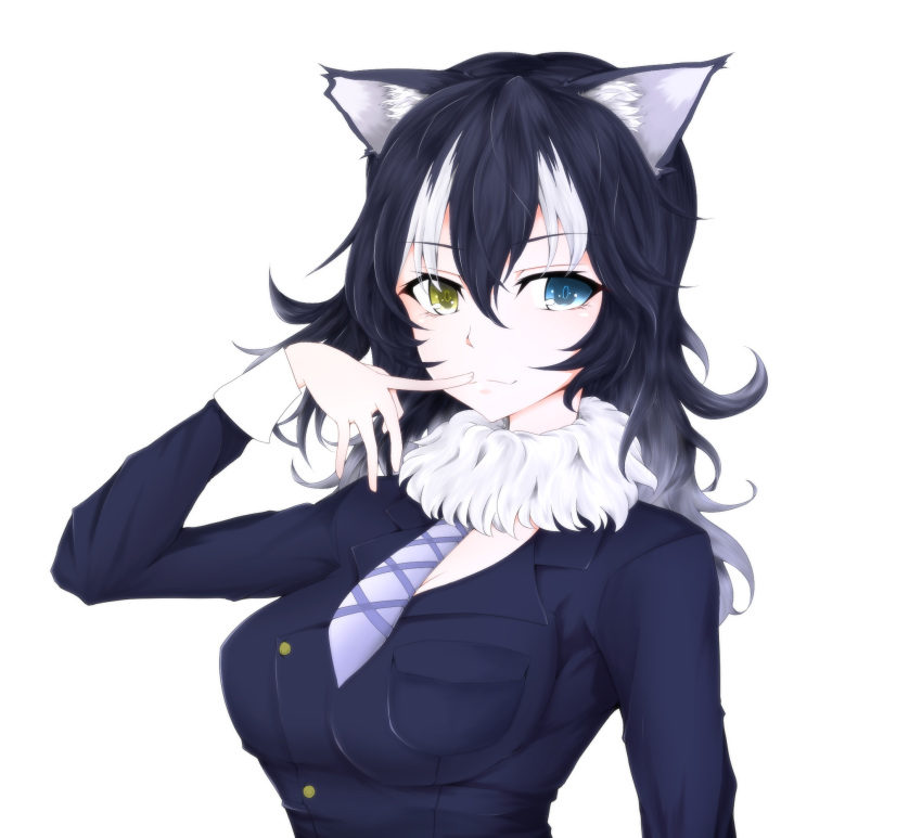 1girl, :3, animal_ears, black_hair, blue_eyes, breast_pocket, commentary_request, eyebrows_visible_through_hair, finger_to_mouth, fur_collar, grey_wolf_(kemono_friends), hair_between_eyes, heterochromia, highres, kemono_friends, long_hair, looking_at_viewer, multicolored_hair, nekomata_kyou, pocket, simple_background, smile, solo, streaked_hair, two-tone_hair, upper_body, white_background, white_hair, wolf_ears, yellow_eyes