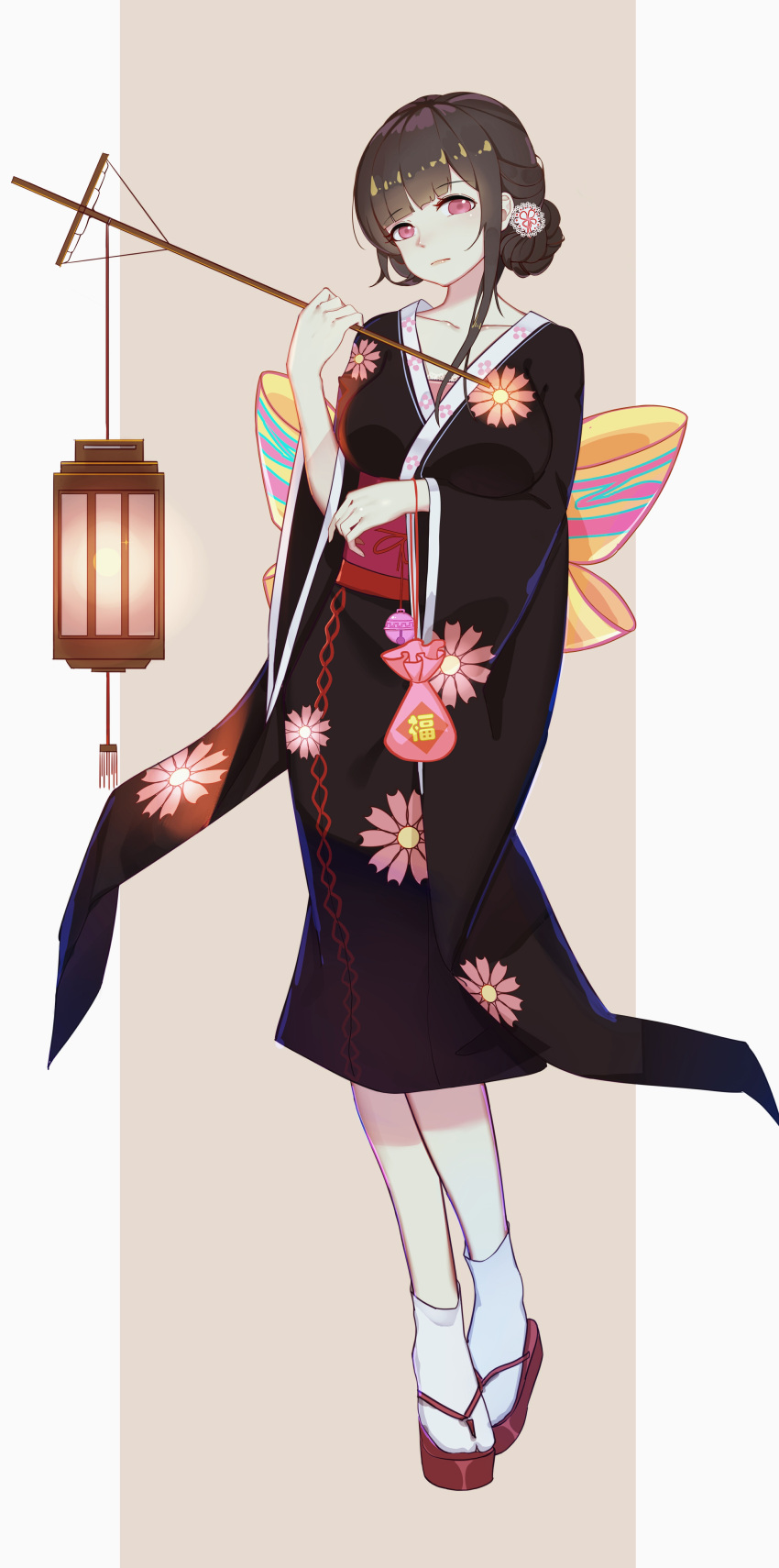 1girl, absurdres, alternate_costume, bell, black_hair, black_kimono, breasts, china_dress