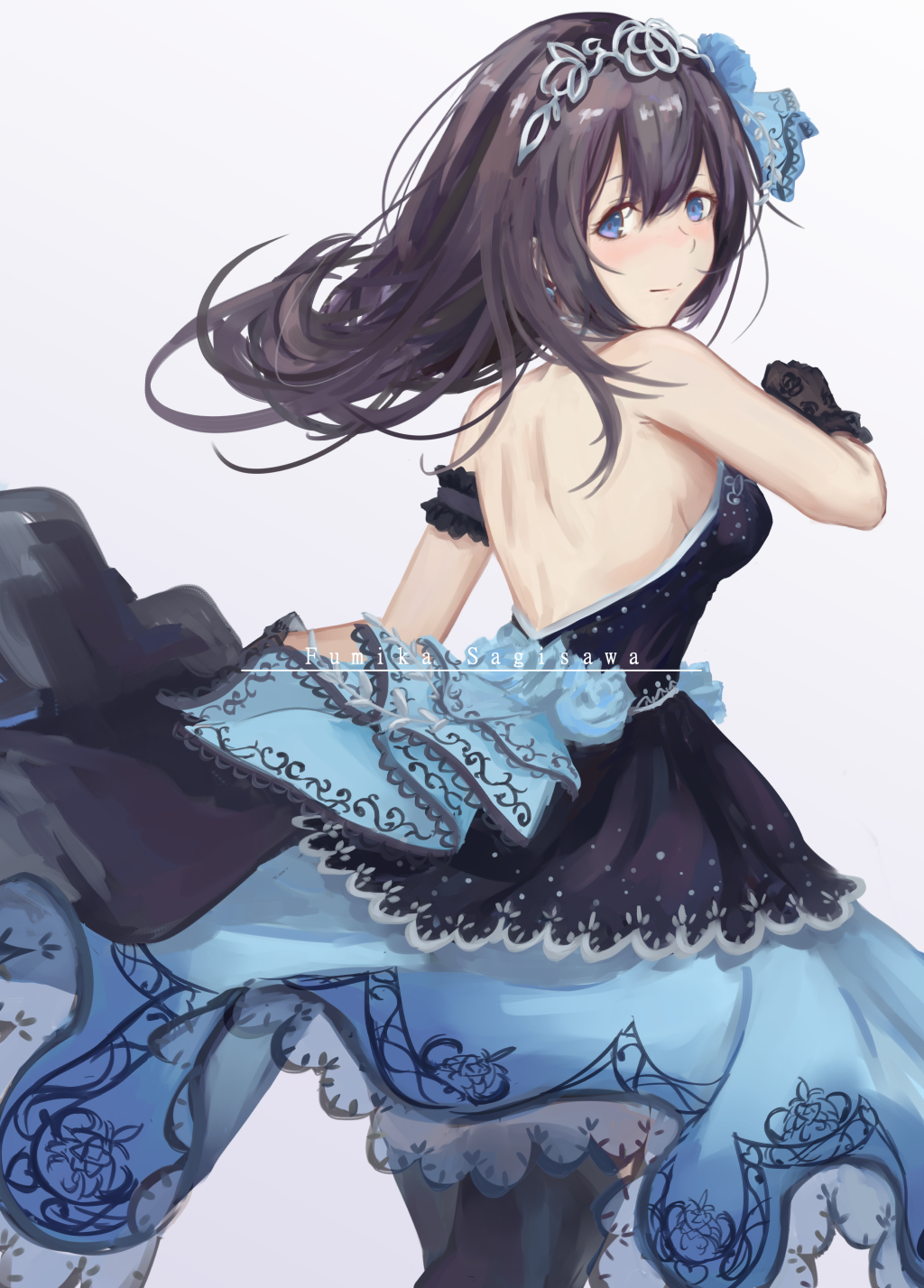 1girl, bare_back, bare_shoulders, black_dress, black_gloves, black_hair, blue_eyes, blush