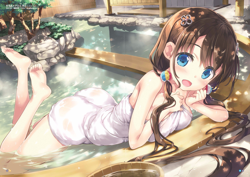 1girl, :d, absurdres, ass, barefoot, blue_eyes, blush, breasts