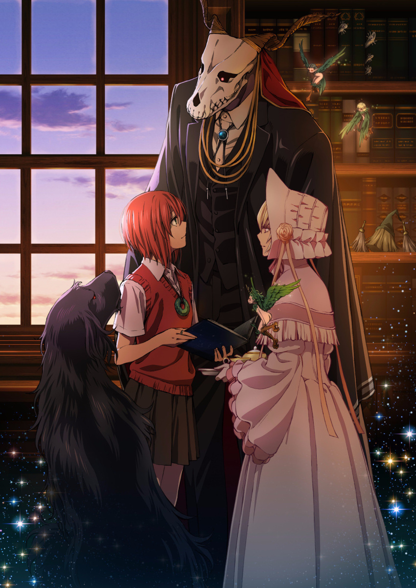 1boy, 2girls, absurdres, black_jacket, black_pants, black_skirt, blonde_hair, book