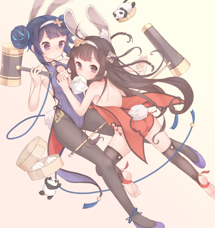 2girls, animal_ears, azur_lane, back, bare_arms, bare_shoulders, black_hair, black_legwear