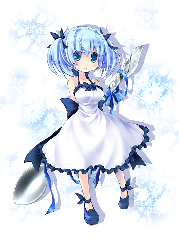 blue_hair, dress, minigirl, original, ribbon, sakura_ebi, sakurano_miya, spoon