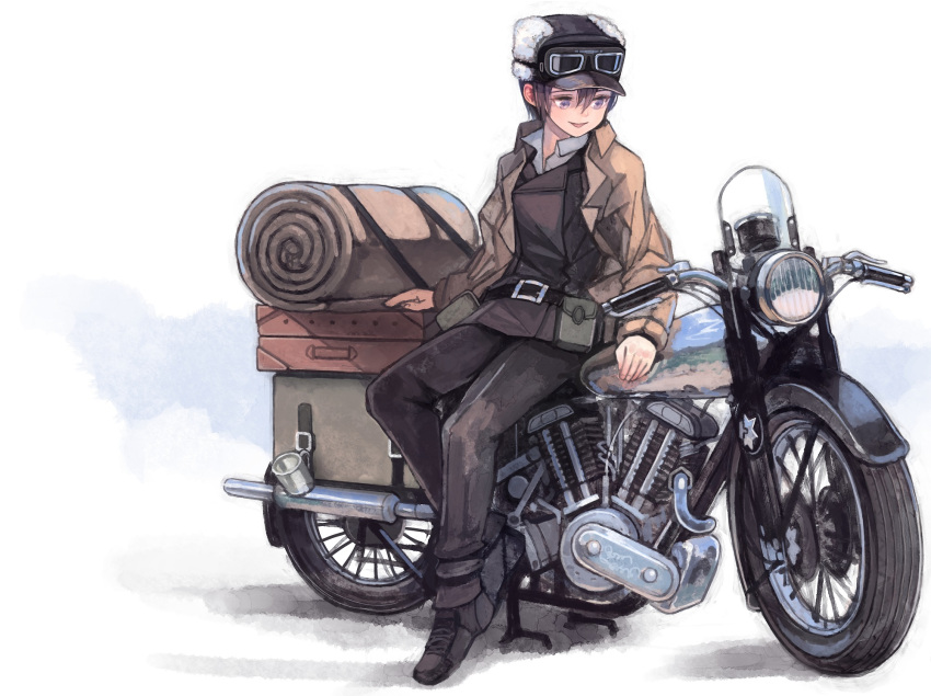 1girl, bedroll, belt_pouch, coat, cup, fur_hat, goggles, goggles_on_headwear