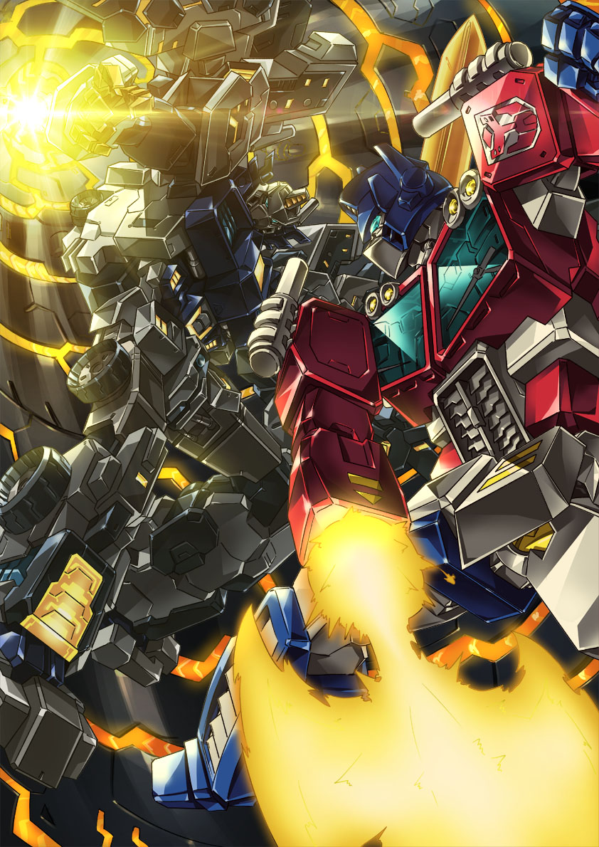 2boys, 80s, autobot, axe, battle_axe, blue_eyes, clenched_hand, full_body, glowing, glowing_weapon, headgear, huge_weapon, insignia, looking_at_another, looking_down, multiple_boys, no_humans, nova_prime, oldschool, optimus_prime, paintedmike, transformers, weapon