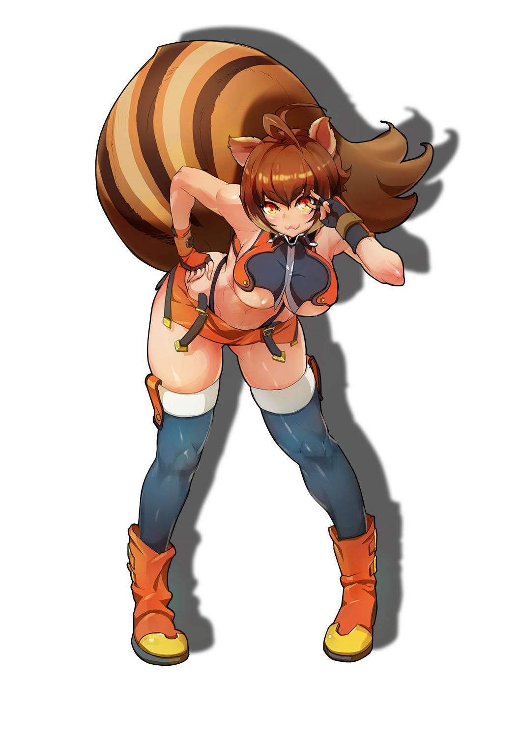 1girl, :3, animal_ears, antenna_hair, bare_shoulders, black_legwear, blazblue, blush, breasts, brown_hair, crop_top, curvy, fingerless_gloves, full_body, gloves, hand_on_hip, highleg, highleg_panties, highres, ioioi_(2466400725), large_breasts, leaning_forward, looking_at_viewer, makoto_nanaya, microskirt, multicolored_hair, orange_eyes, orange_skirt, panties, pelvic_curtain, revealing_clothes, shadow, skirt, smile, solo, squirrel_ears, squirrel_tail, standing, tail, thick_thighs, thigh-highs, two-tone_hair, under_boob, underwear, v_over_eye, white_background, wide_hips