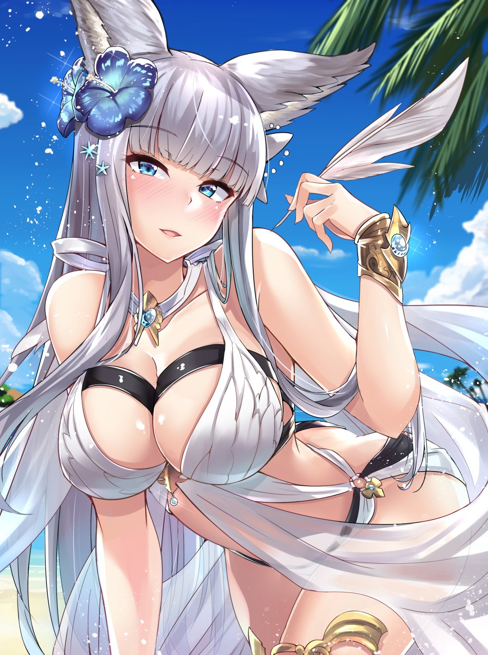 1girl, animal_ears, bangs, bare_arms, bare_shoulders, beach, bikini, blue_eyes