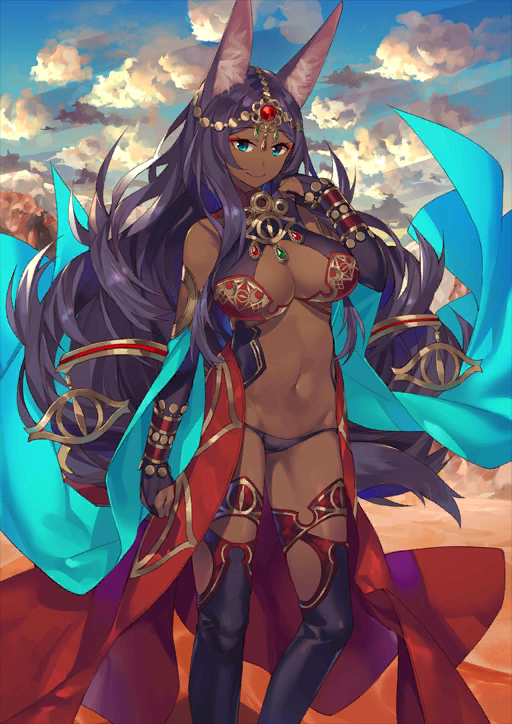 1girl, animal_ears, aqua_eyes, breasts, clouds, dark_skin, desert, fate/grand_order