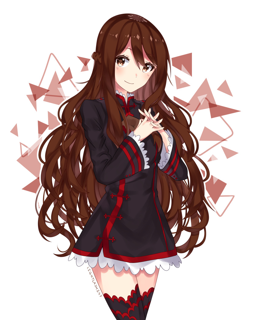 absurdres, artist_name, black_dress, black_legwear, blush, borrowed_character, brown_eyes, brown_hair
