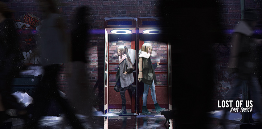 2girls, absurdres, bangs, black_ribbon, blurry, brown_hair, cellphone, coat