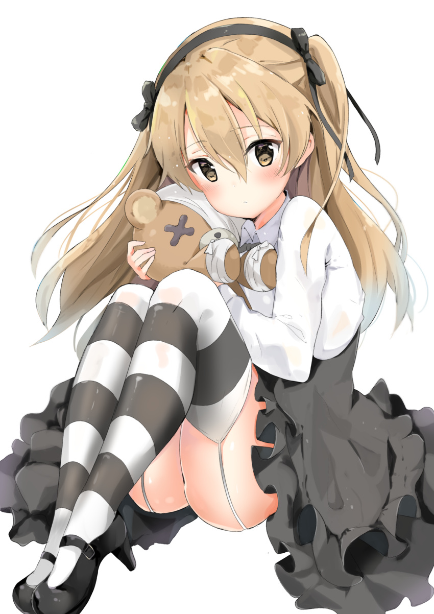1girl, bandage, bangs, black_bow, black_footwear, black_hairband, black_neckwear, black_ribbon, black_skirt, blush, boko_(girls_und_panzer), bow, bowtie, brown_eyes, closed_mouth, collared_shirt, commentary_request, eyebrows_visible_through_hair, full_body, garter_straps, girls_und_panzer, hair_between_eyes, hair_bow, hairband, head_tilt, high_heels, highres, layered_skirt, light_brown_hair, long_hair, long_sleeves, looking_at_viewer, mary_janes, object_hug, ribbon, school_uniform, shimada_arisu, shirt, shoes, simple_background, sitting, skirt, solo, striped, striped_legwear, stuffed_animal, stuffed_toy, suspender_skirt, suspenders, teddy_bear, thigh-highs, white_background, white_shirt, yuukichi_(ncmf)