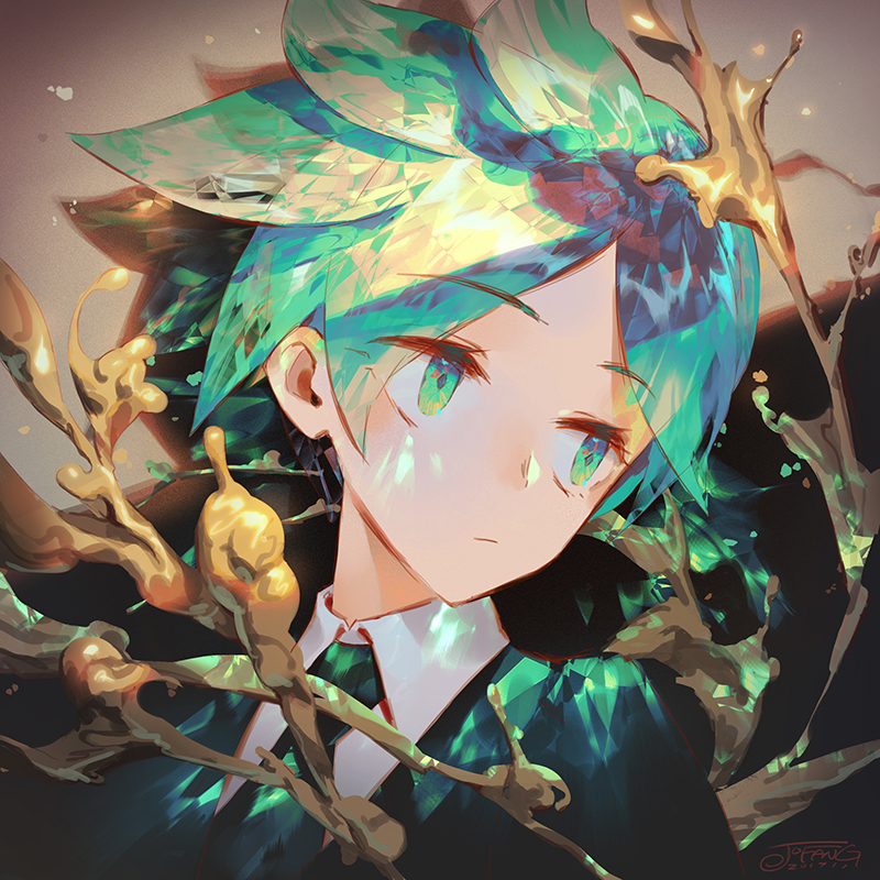 androgynous, bangs, closed_mouth, cowlick, eyebrows_visible_through_hair, green_eyes, green_hair, houseki_no_kuni