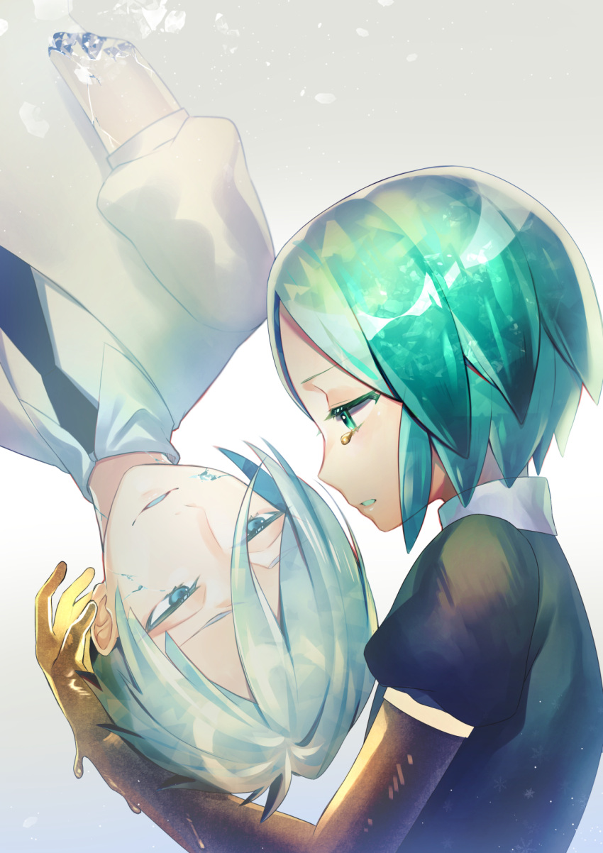 amputee, androgynous, antarcticite, black_shirt, blue_eyes, green_eyes, green_hair, highres