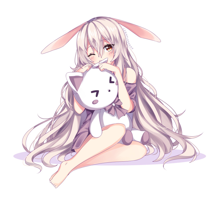 absurdres, animal_ears, artist_name, bare_shoulders, barefoot, blush, borrowed_character, commentary